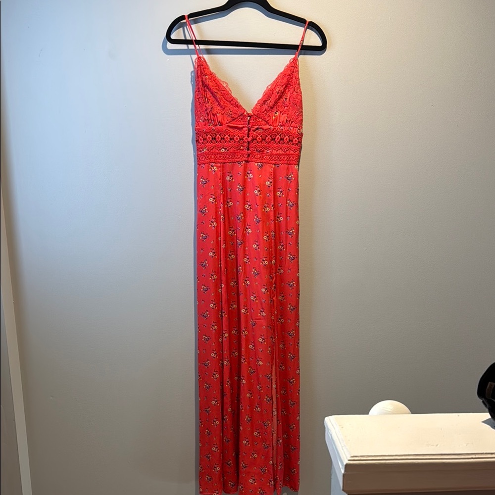 Free People Elegant Geranium Pink Floral Lace Maxi Dress